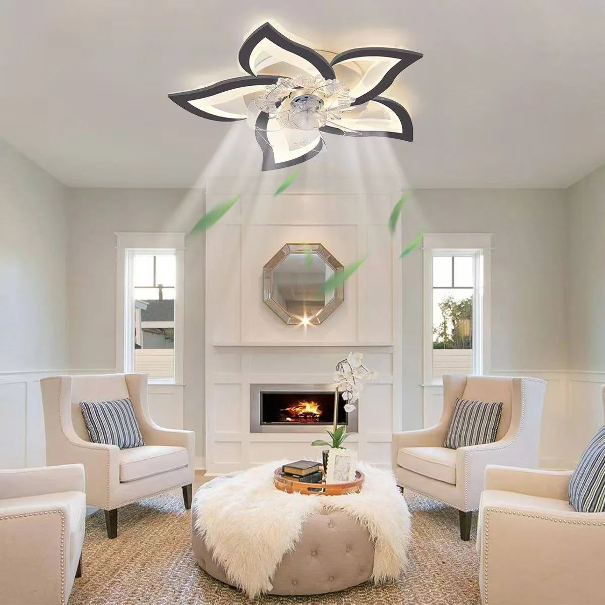 Ceiling Fan With Lights Modern Flower Flush Mount Reversible For Living Room