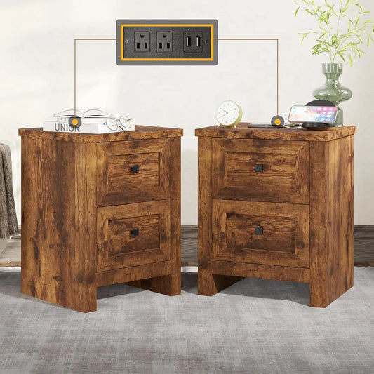 Nightstand Set of 2 with Charging Station & USB Ports, Wood Bedside Table with 2 Drawers for Bedroom, Customized