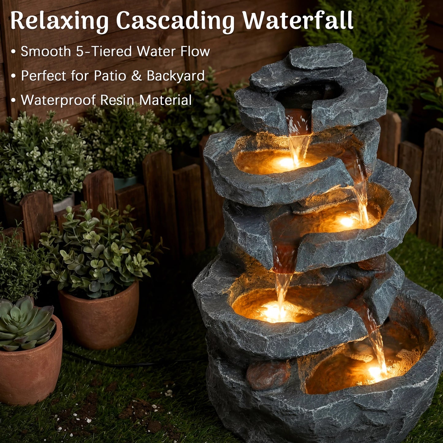 5-Tier Cascading Rock Water Fountain with LED Lights, 15''L x 11.8''W x 22''H, Outdoor Garden Waterfall Feature for Patio, Backyard & Lawn Decor