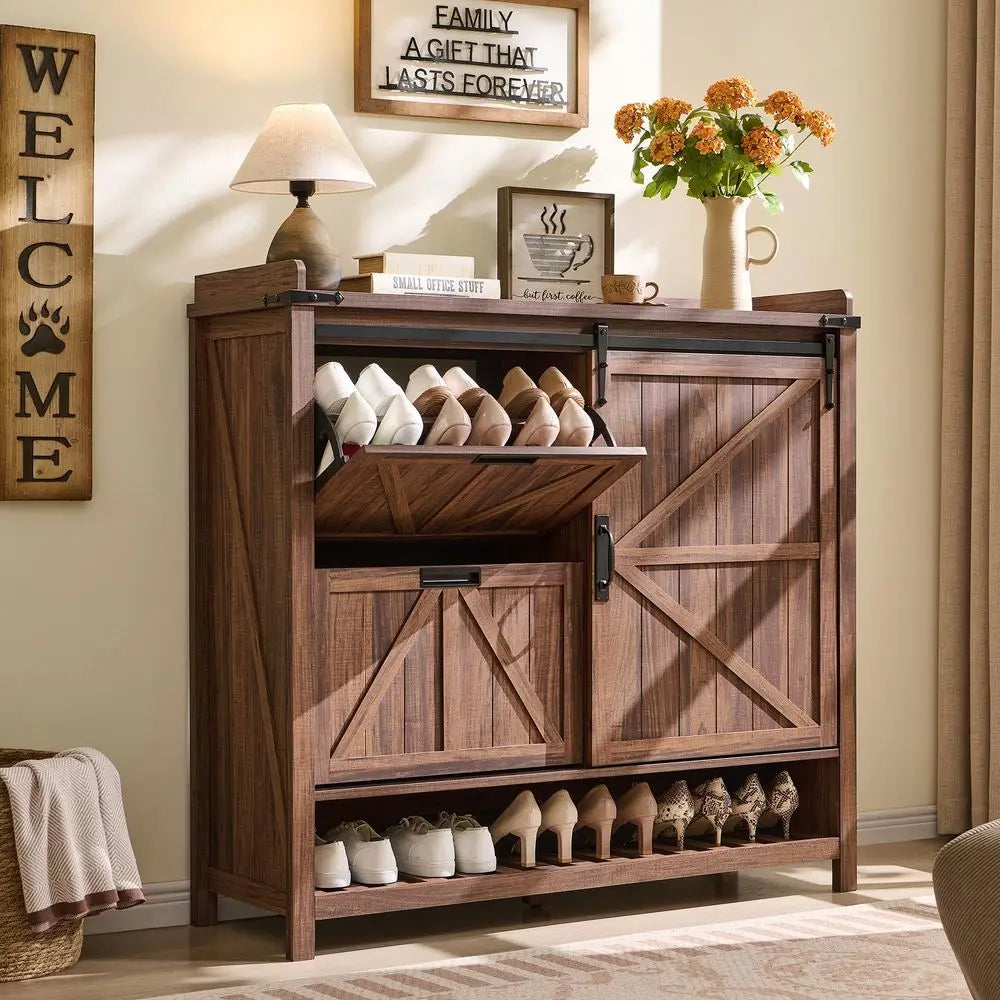 Rustic Farmhouse Shoe Storage Cabinet With 2 Flip Drawers Sliding Door