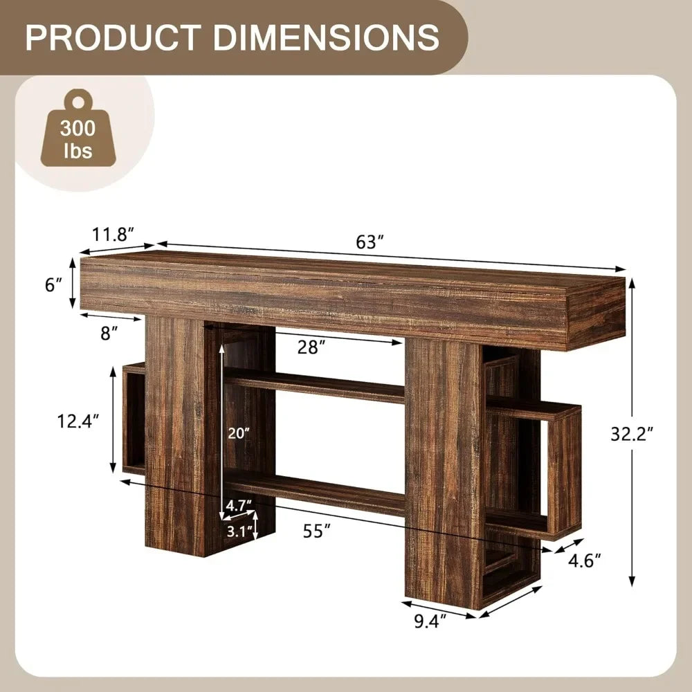 63 Inch Console Table with Storage, Narrow Sofa Table Behind Couch, Farmhouse Entryway Table for Living Room, Rustic Brown