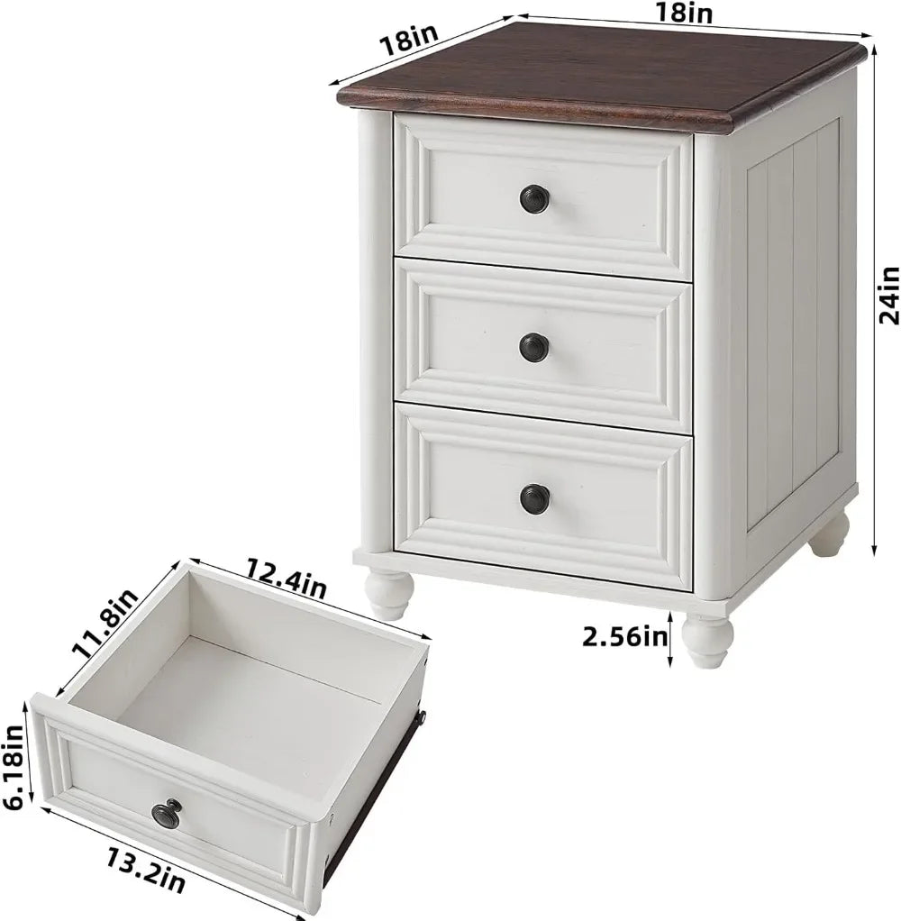 Farmhouse Nightstand Set of 2, White Wood Bedside Table with 3 Drawers and Roman Column Legs for Bedroom Storage