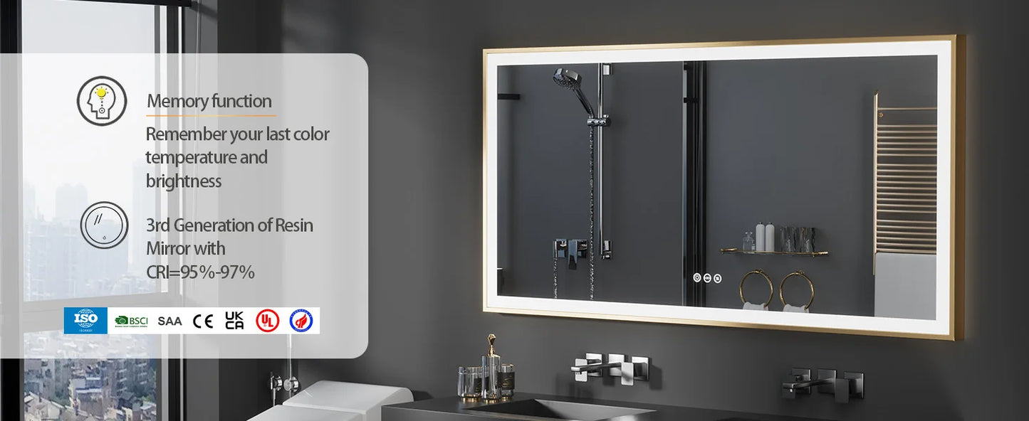 LED Bathroom Vanity Mirror Gold Frame Front Lighted Aluminum Rectangle Beveled Edge Tricolors Stepless Dimmable