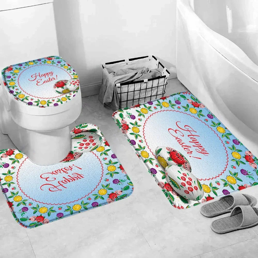 Happy Easter Bath Rug Set With Bunny Truck Eggs Decor