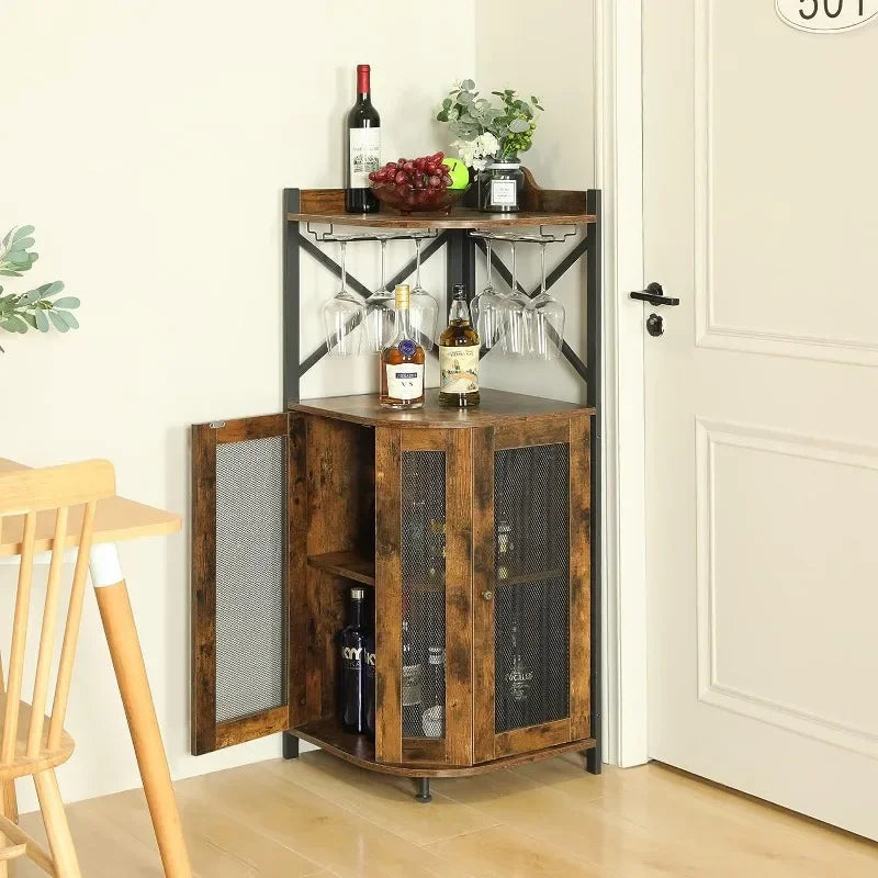 Metal Corner Wine Cabinet With Hanging Goblet Rack