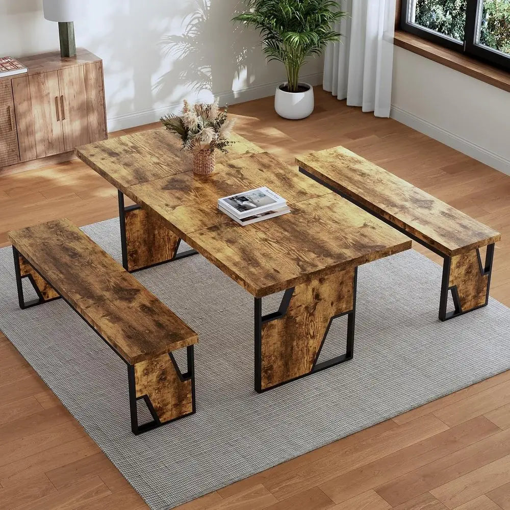 70.8" Wooden Dining Table with 2 Benches, ern Kitchen Table and Chairs Set or 4-6 Person, Thickened MD Wooden Table with Dining