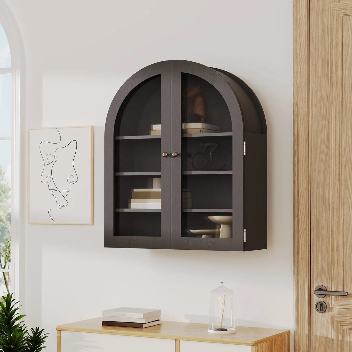Arched Bathroom Wall Cabinet, Wall Mounted Display Cabinet with Glass Doors & Adjustable Shelves, Medicine Cabinet for Living Room Kitchen