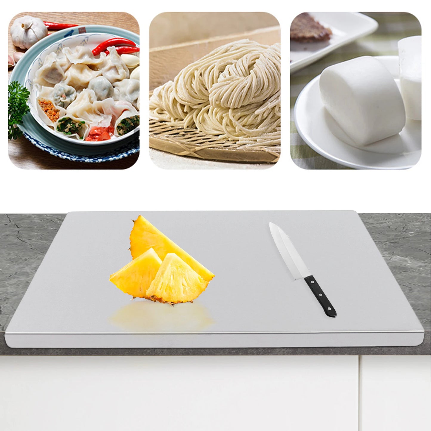 60x50cm Stainless Steel Chopping Board with L-Shaped Folded Edge for Cutting Veggies, Kneading Dough, Kitchen Counter Protection