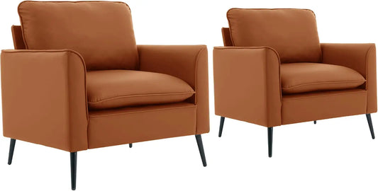 Mid-Century Faux Leather Accent Chair Set 2 w/ Removable Cushion & Metal Legs for Office Lounge Bedroom, Customized