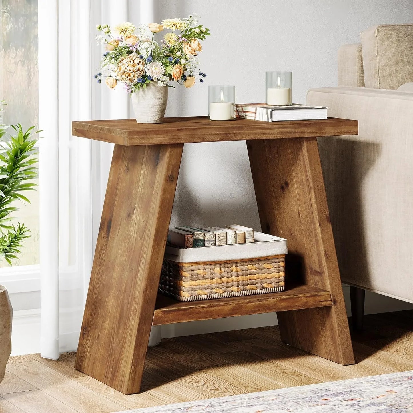 LITTLE TREE End Table for Living Room, Narrow Small Side Table with 2-Tier Storage, Farmhouse Bedside Nightstand for Bedroom