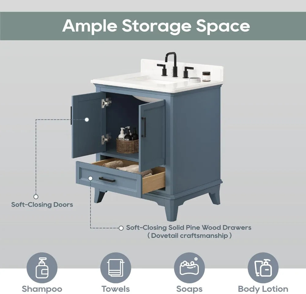 30'' Bathroom Vanity with Sink, Single Sink, Solid Wood Frame, Soft Close Doors, Dovetail Drawer, Steel Blue