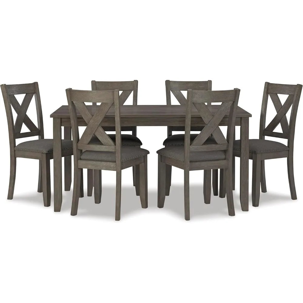 Gray 7-Piece Dining Set with Rectangular Table and 6 Upholstered X-Back Chairs 36"W x 60"D x 30"H