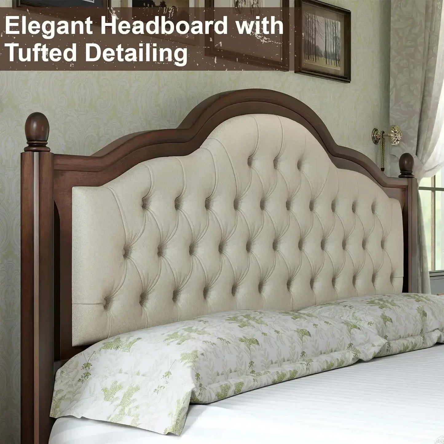 Solid Wood Bed Frame With Upholstered Tufted Headboard