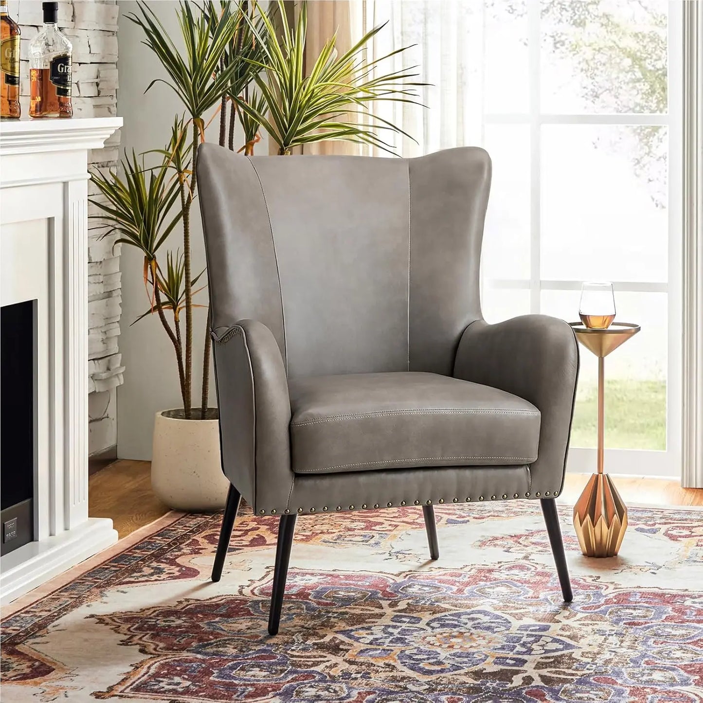 Faux Leather Accent Chair With Removable Cushion And Nailhead Trim