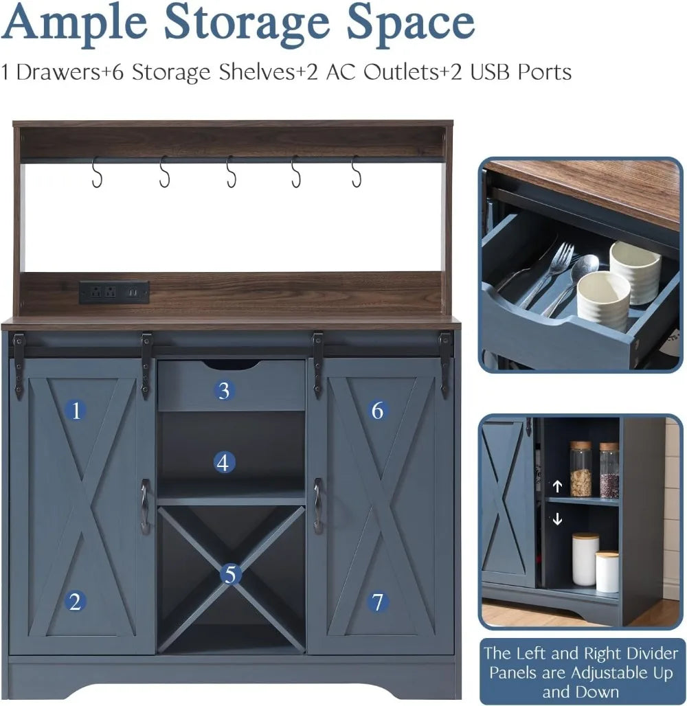 Farmhouse Coffee Bar Cabinet With USB Charging Station
