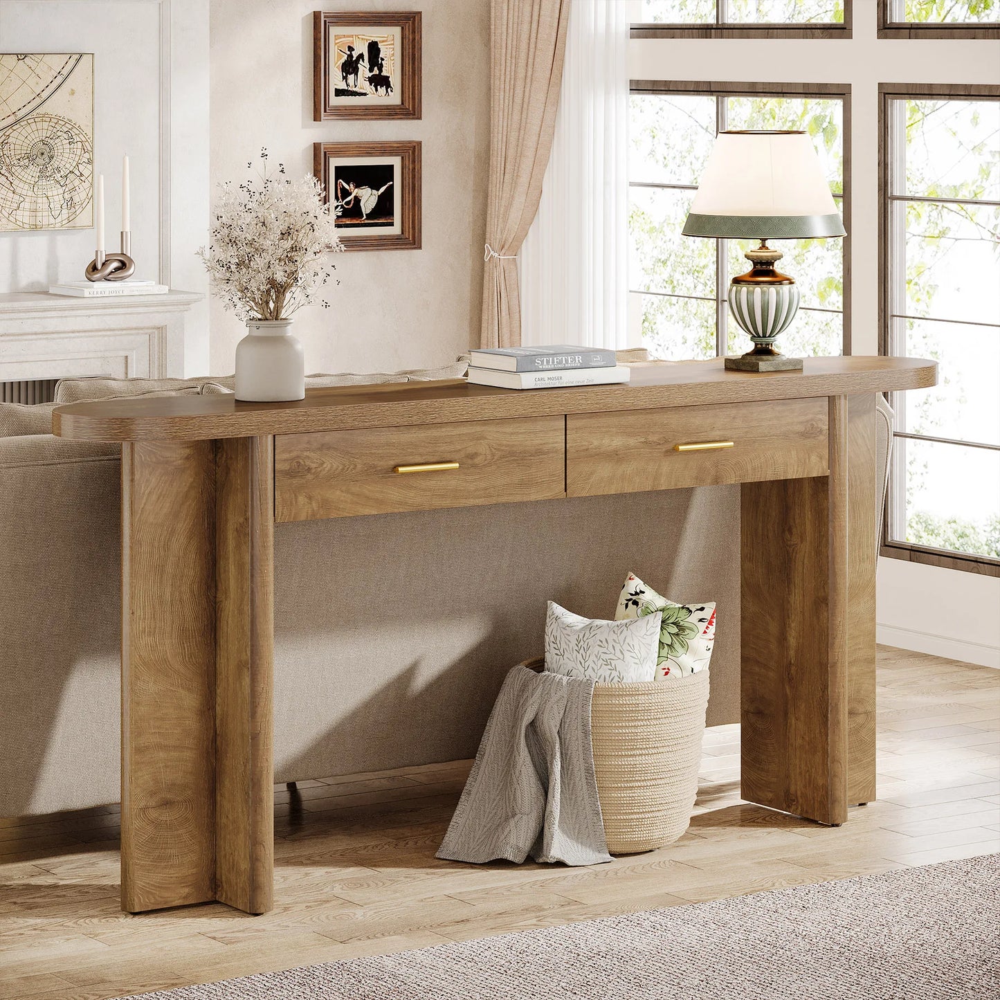 Tribesigns 63-Inch Console Table with 2 Drawers, Farmhouse Oval Curved Entryway Table with Storage for Living Room, Hallway, Entrance, Brown