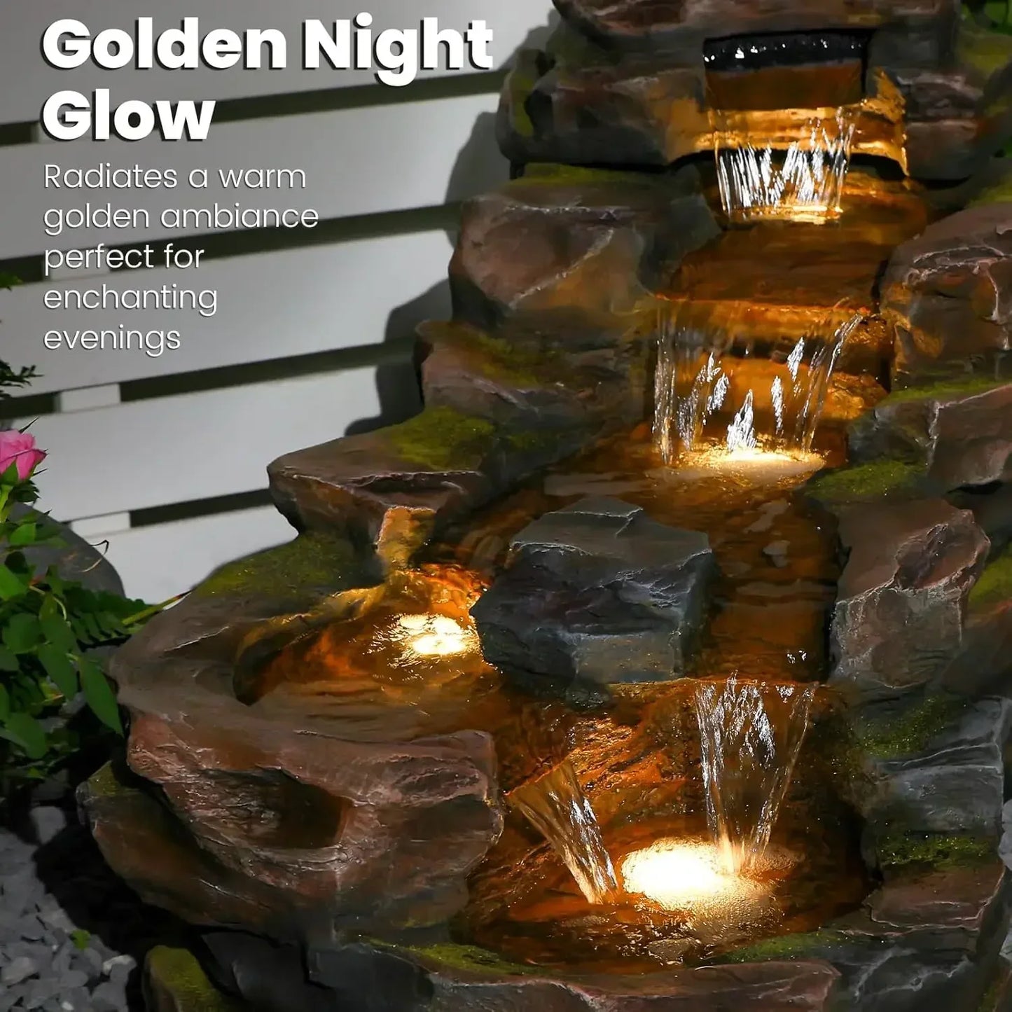 Outdoor Floor Standing Water Fountain Five Tier Rock Waterfall LED