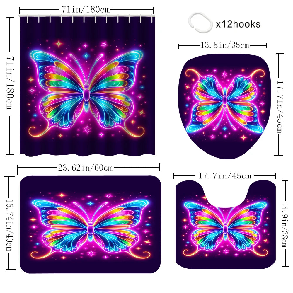 Colorful Butterfly Shower Curtain With Carpet And Toilet Lid