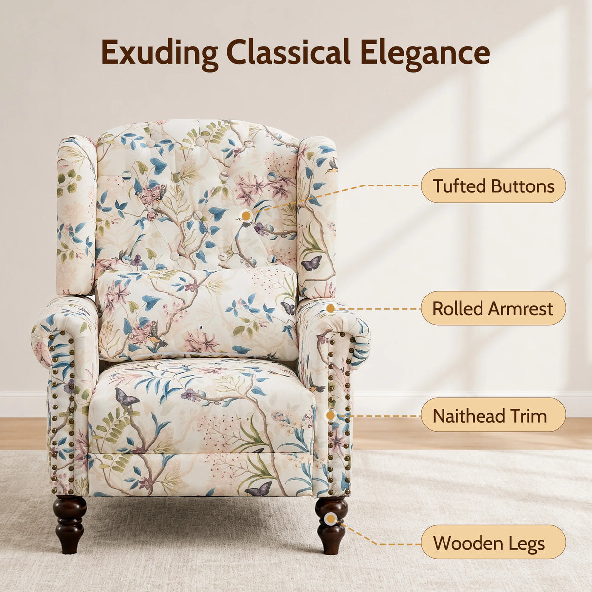 TCGBKAF Vintage Floral Wingback Club Accent Chair With Arms