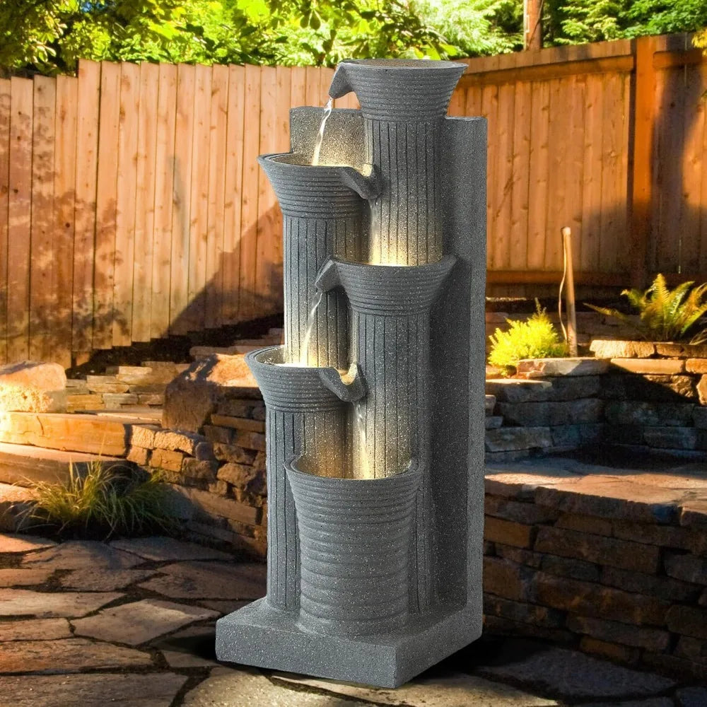 5-Tiers Outdoor Garden Water Fountain with Cascading Rock, Fountains and Waterfalls w/LED,