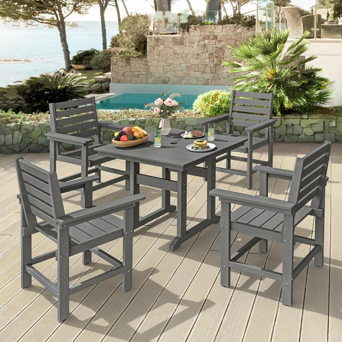 5 Piece Weather Resistant Outdoor Patio Dining Set With Umbrella And Cushions
