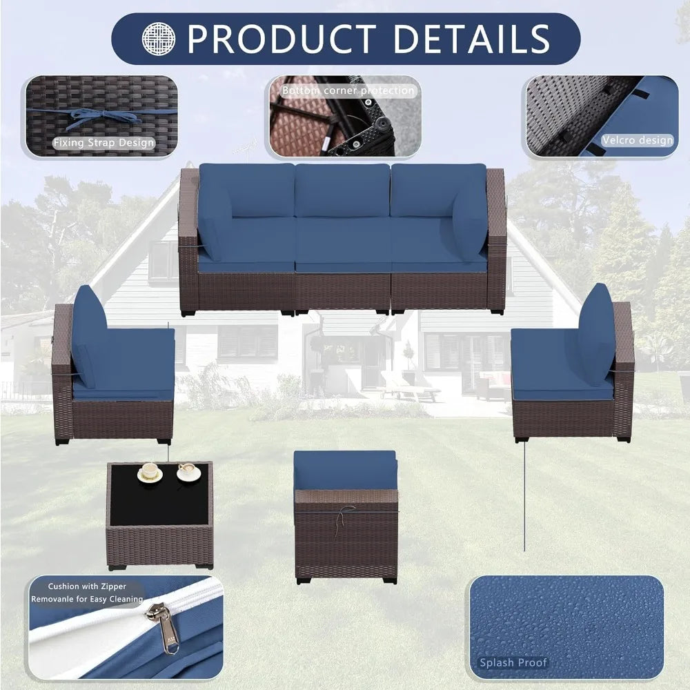 7-Piece Outdoor Patio Sectional Sofa Set All-Weather PE Rattan Conversation Set with Tempered Glass Table and Navy Blue