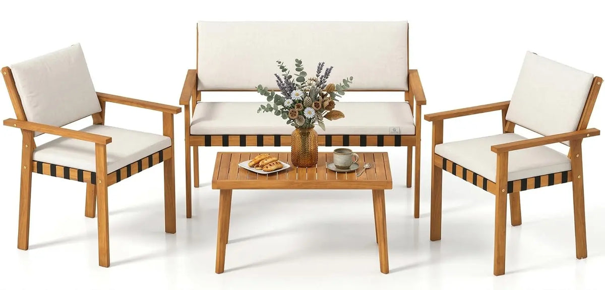 Acacia Wood Outdoor Conversation Set with Cushions and Coffee Table