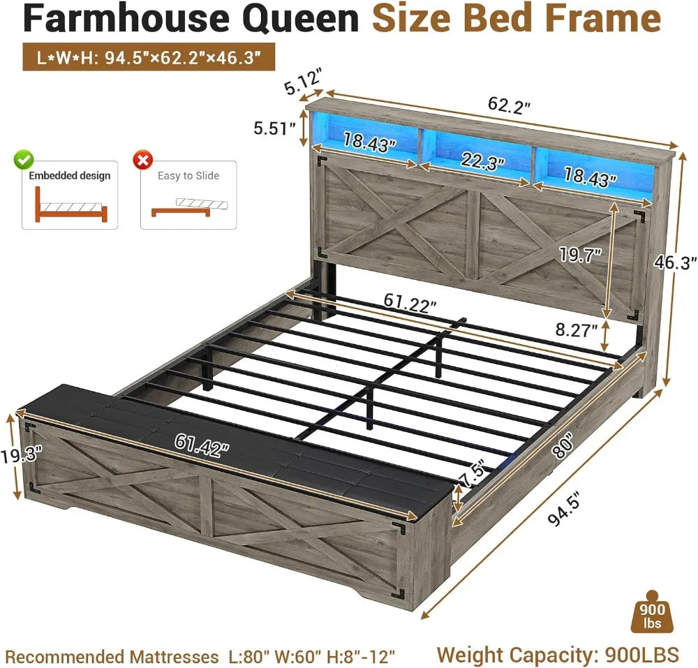 Queen Bed Frame with Storage Ottoman, LED Lights, Charging Station, Farmhouse Headboard, No Box Spring Needed, Oak Grey