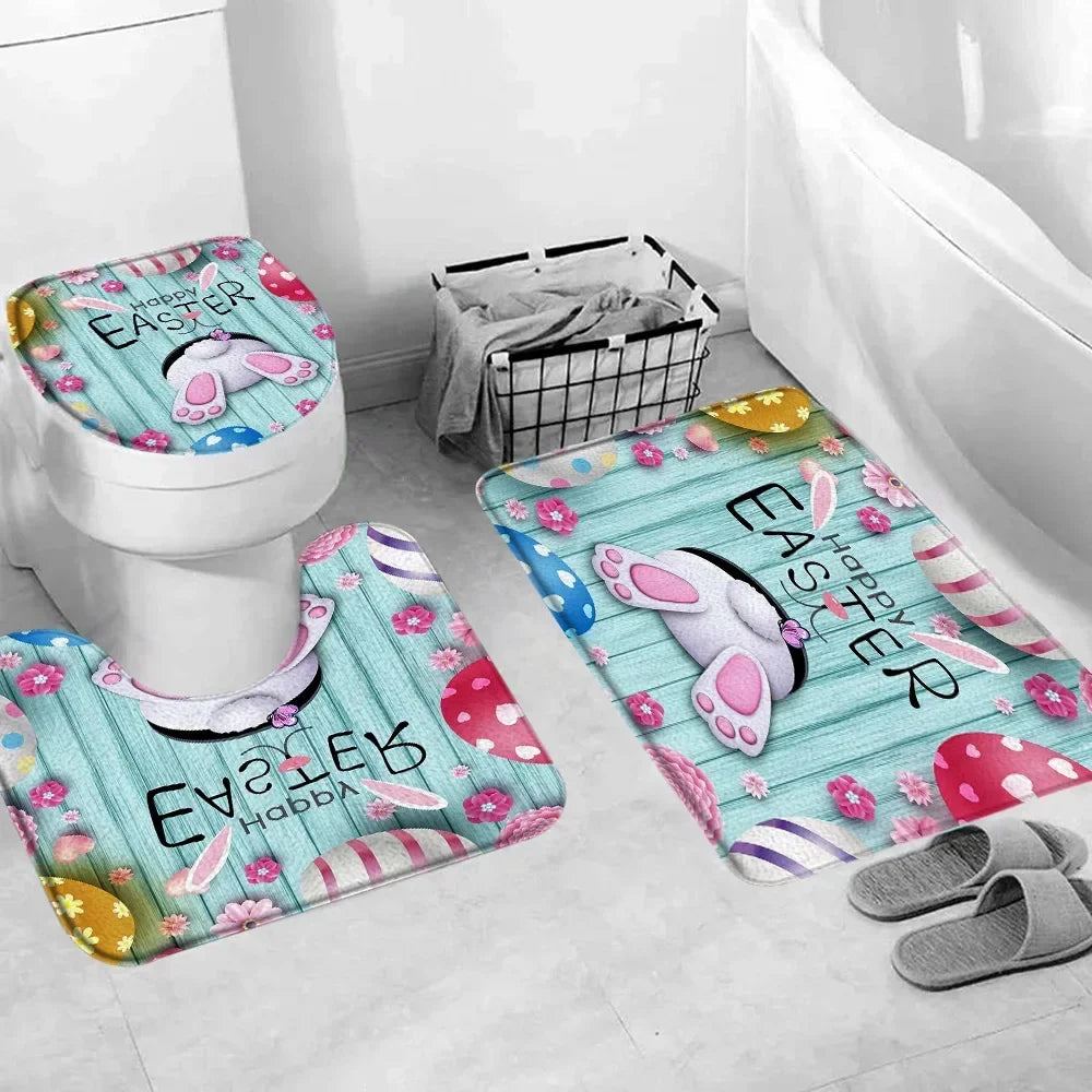 Happy Easter Bath Rug Set With Bunny Truck Eggs Decor