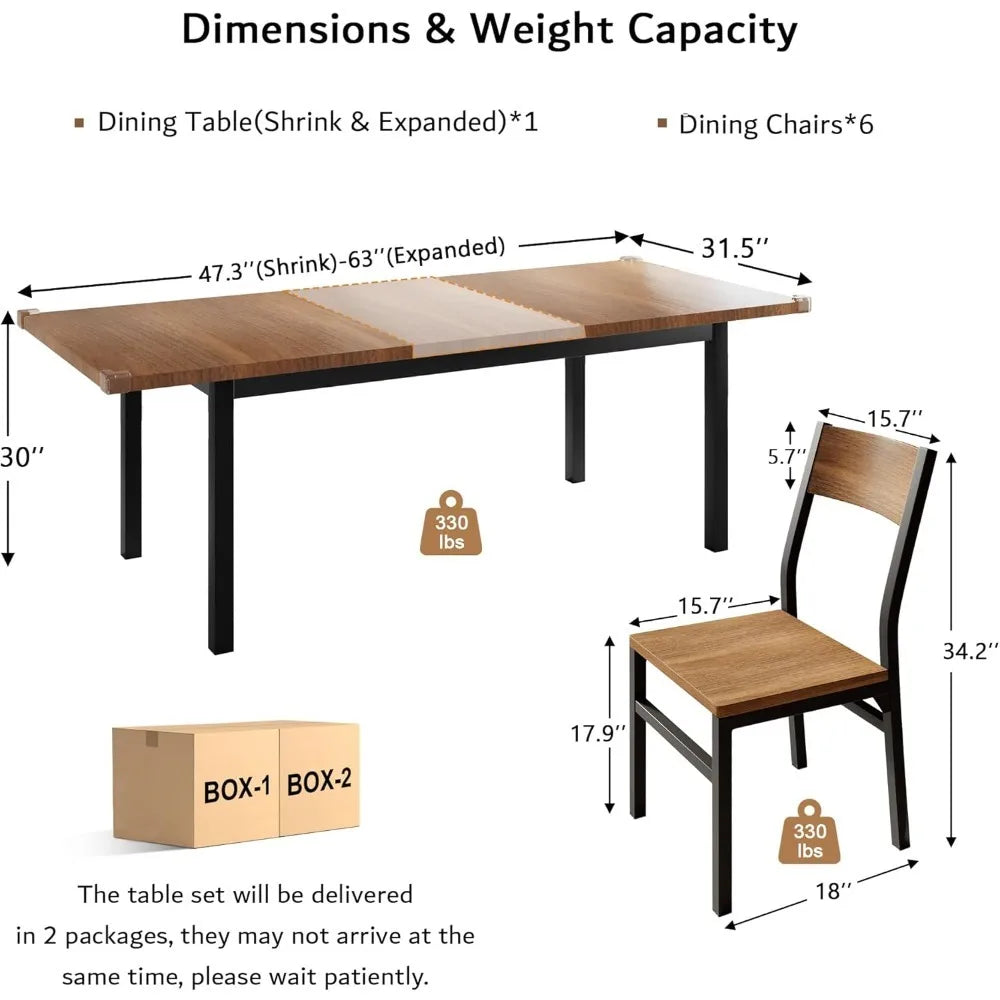 7-Piece Extendable Dining Table Set with 6 Chairs, Small Space Kitchen Table for 4-6 People, Solid Metal Frame & MDF Board,
