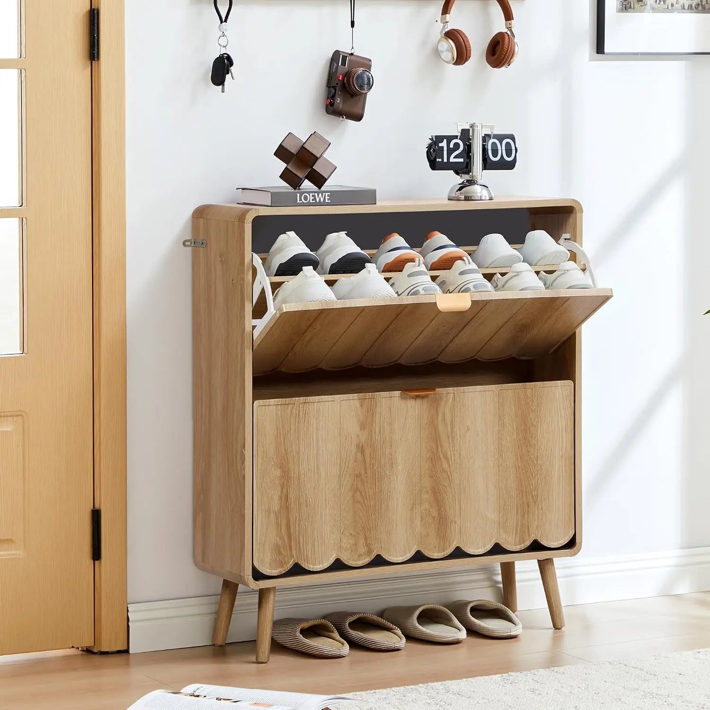 Narrow Freestanding Wood Shoe Storage Cabinet,Wave Panel & 4 Flip Drawers For Entryway, Custom