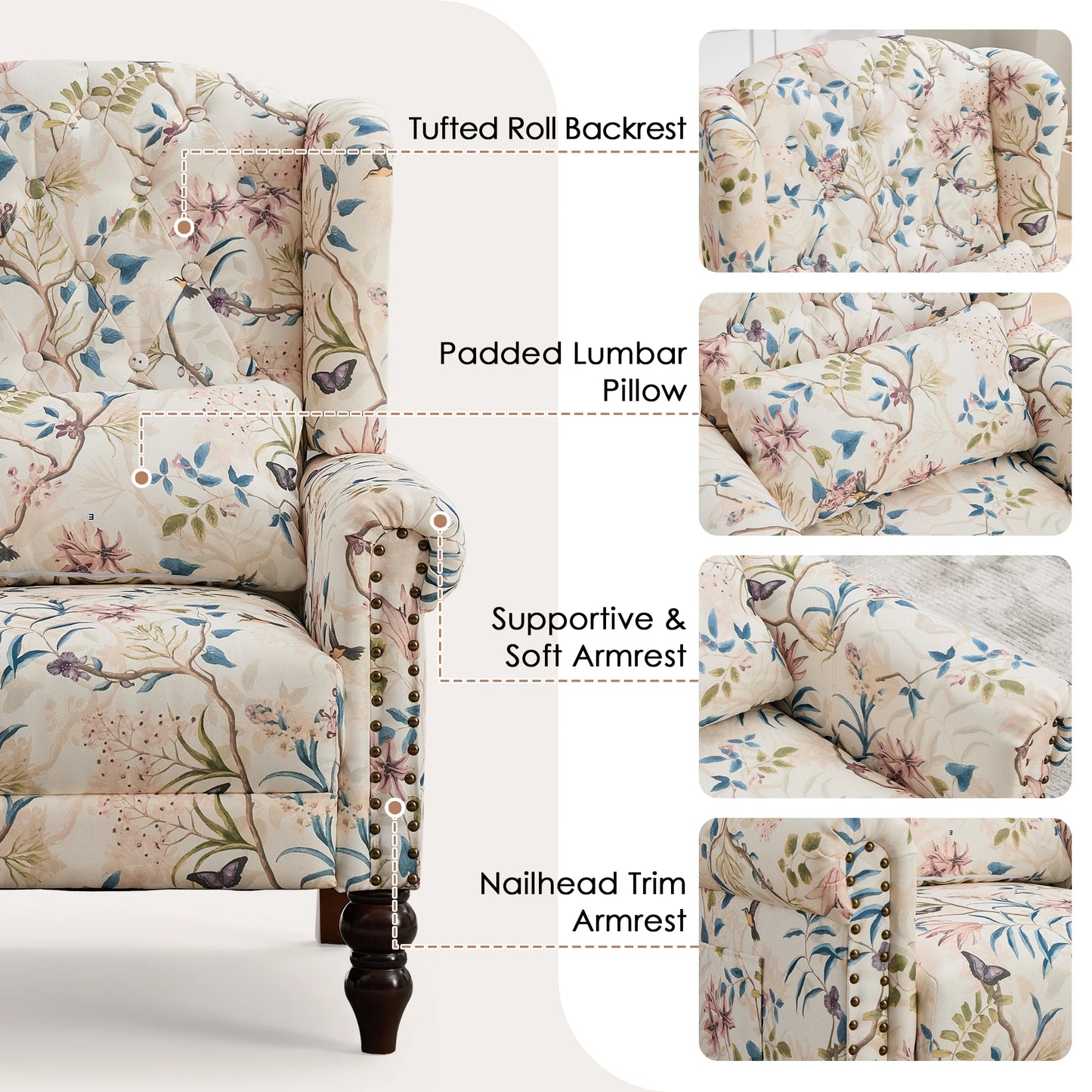 TCGBKAF Vintage Floral Fabric Wingback Accent Chair, Mid-Century Modern Upholstered Armchair, Mid Back Single Club Sofa Chair with Arms for Home
