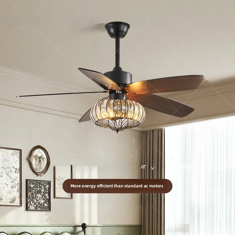 2026 Modern Simple Terrace Villa Fan Lamp Courtyard Ceiling Fan Lamp Retro American Style Crystal Electric Fan Integrated Lamp