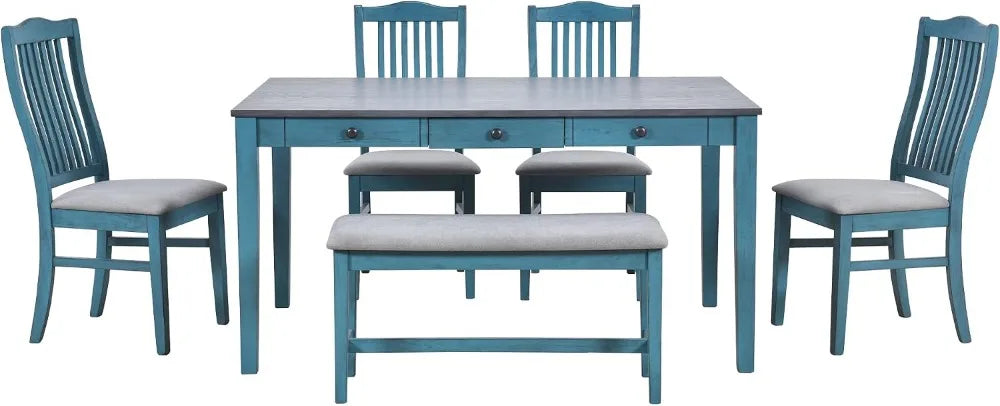 6-Piece Farmhouse Dining Table Set for 6, Solid Wood, Antique Blue