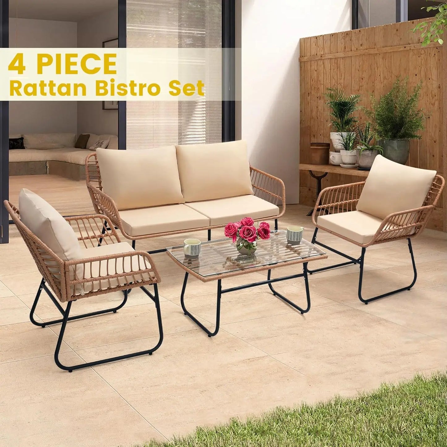 4 Piece Patio Bistro Outdoor Furniture Set, Wicker Sofa, 2 Rattan Chairs, and Table, Backyard Conversation Set, All, Customized