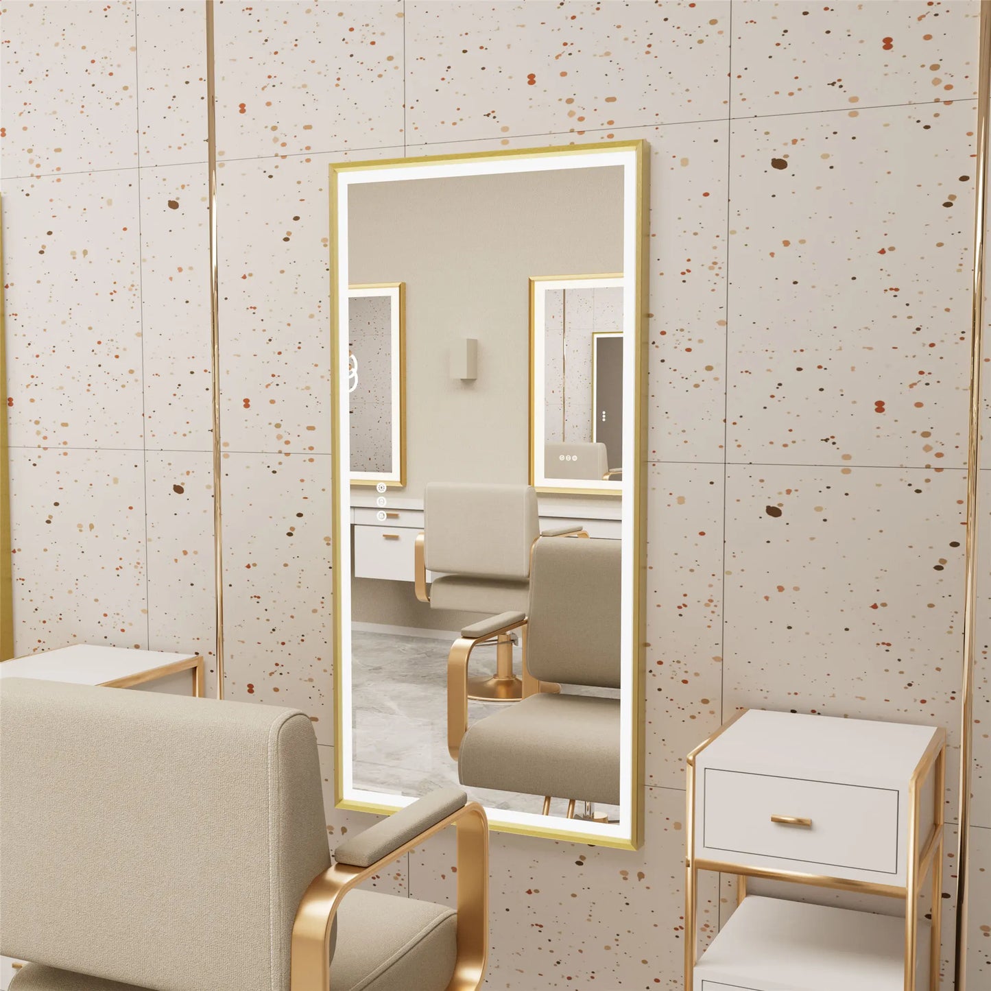 LED Bathroom Vanity Mirror Gold Frame Front Lighted Aluminum Rectangle Beveled Edge Tricolors Stepless Dimmable