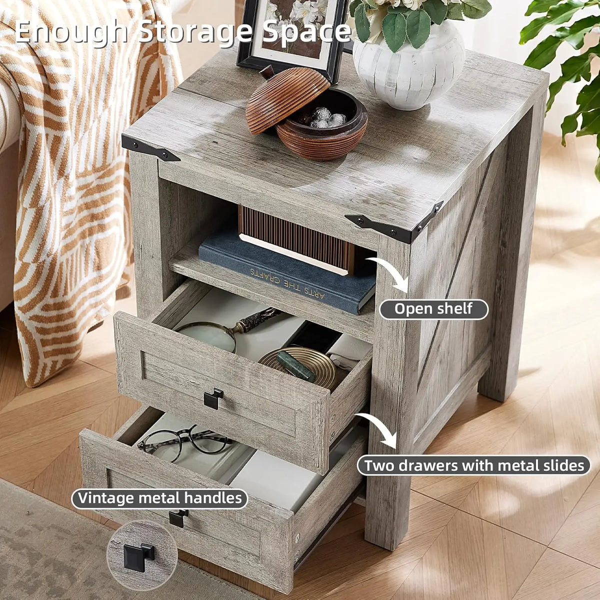 Set Of 2 Farmhouse Nightstands With Charging Station