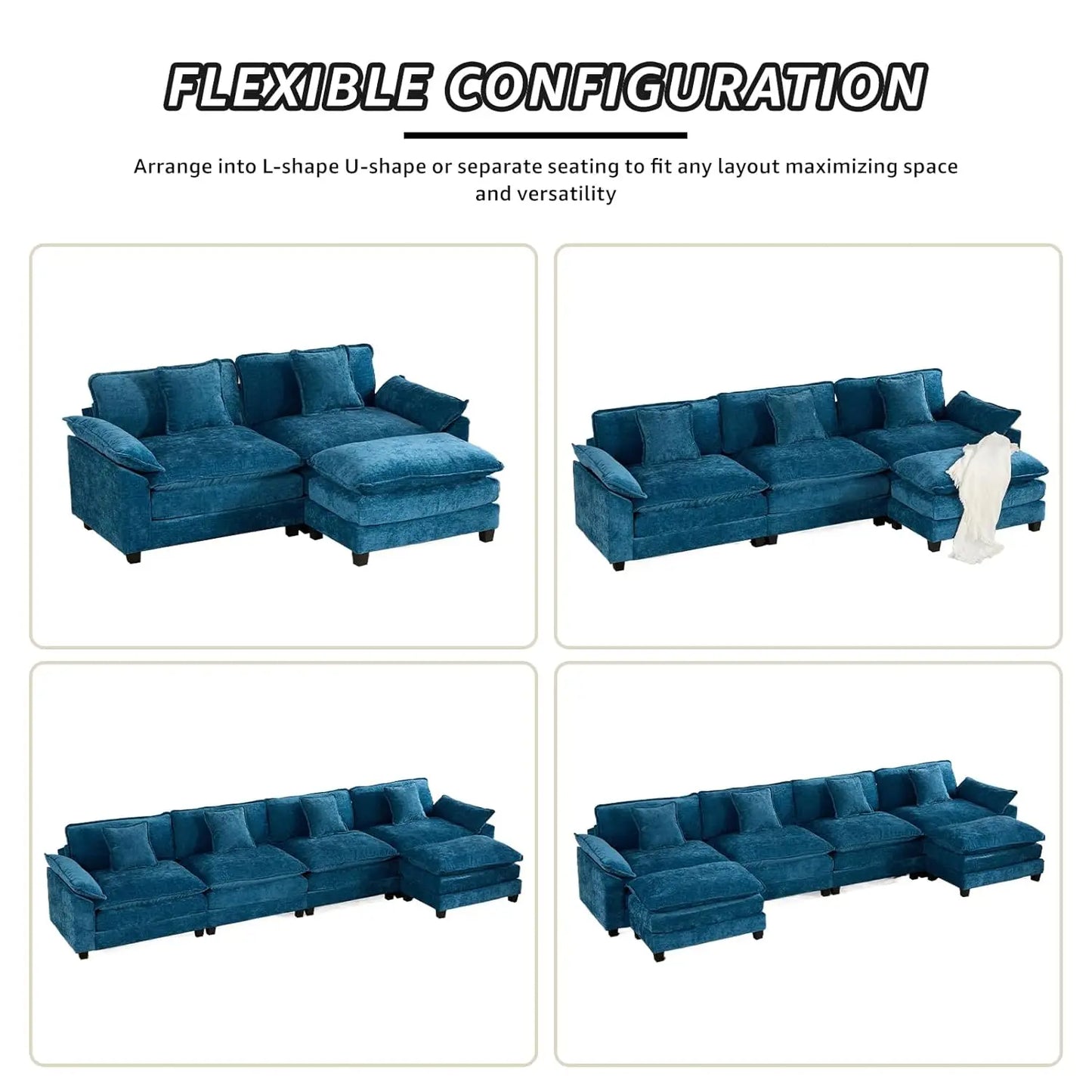 117.9" Modern Sectional Couches for Living Room, Blue Chenille Comfy Cloud Couch Sectional, 3 Seater Couch for, Customized