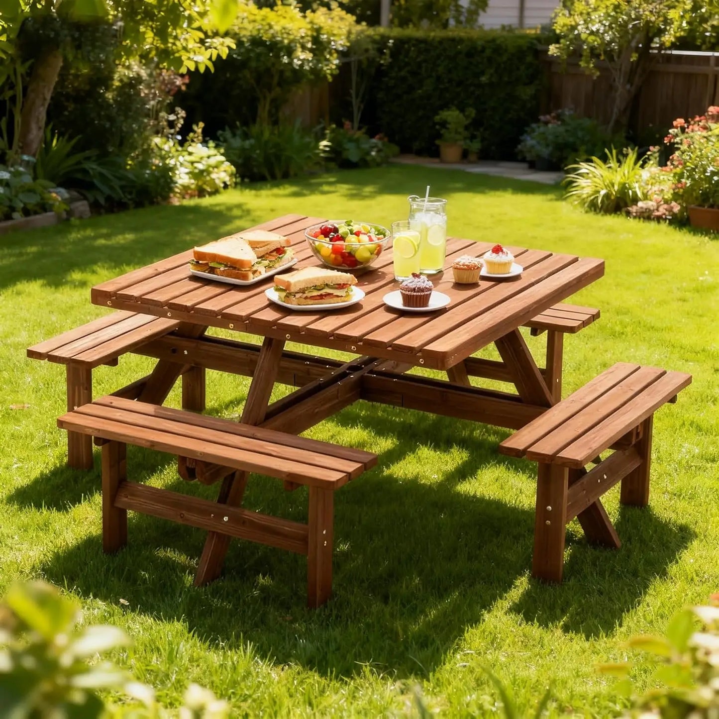 Wood Picnic Table Bench Set for 4-8 Person, Square Lifetime Picnic Tables for Outdoor with Umbrella Hole and Benches, Outside Di