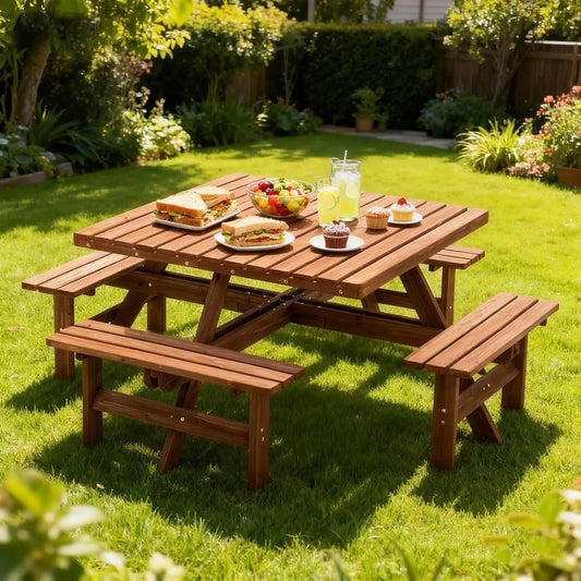 Wood Picnic Table Bench Set for 4-8 Person, Square Lifetime Picnic Tables for Outdoor with Umbrella Hole and Benches, Outside Di