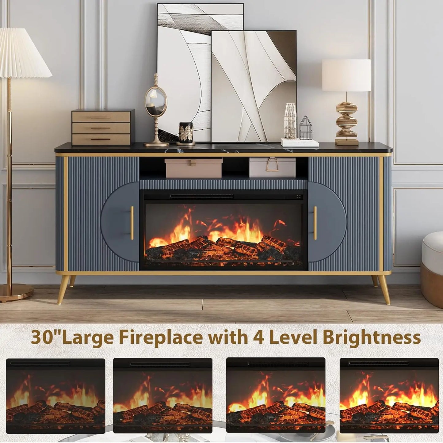 Modern Fluted TV Stand With Electric Fireplace Entertainment Center