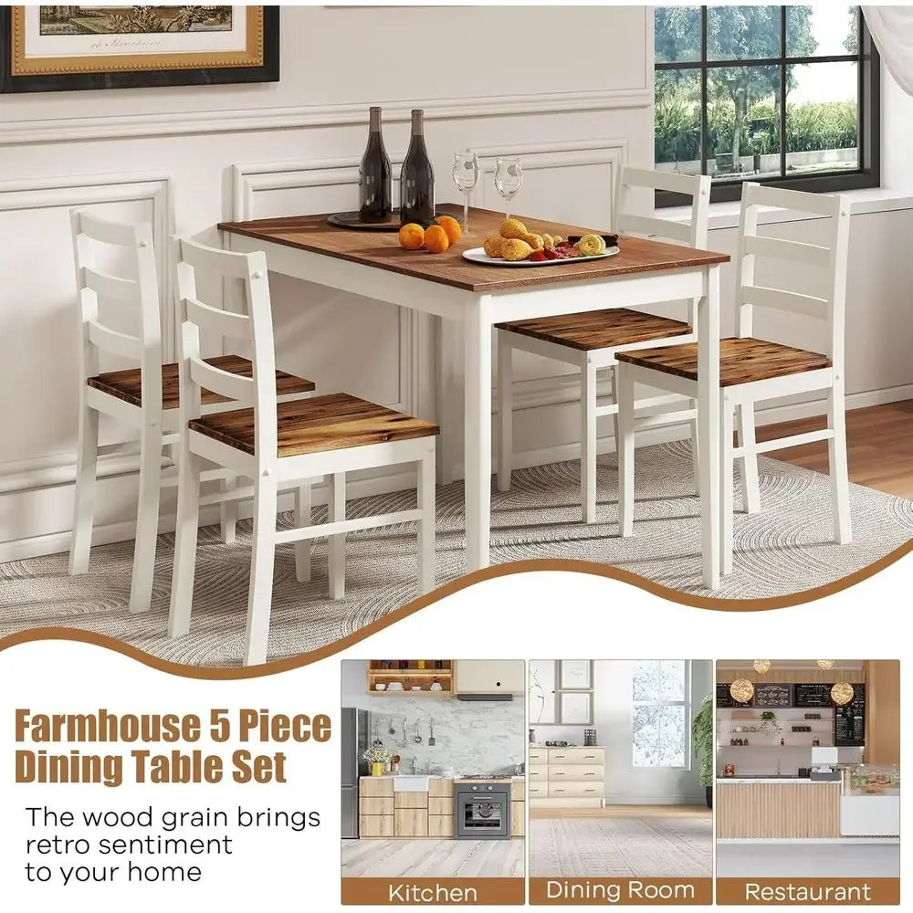 Dining Table Set for 4, Solid Wood Kitchen Table and Chairs, Farmhouse Dinette Set w Apron, Rubber Wood Legs, MidCentury Modern
