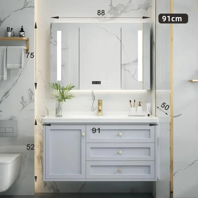 Nordic Bathroom Vanity Cabinet With Mirror Light And Ceramic Sink