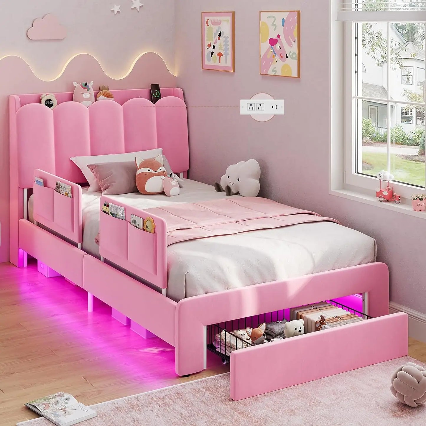 Twin Size Princess Bed Frame Storage Drawer Safety Guardrails Led Velvet Upholstered Platform Bed Girls Wavy Storage Headboard C