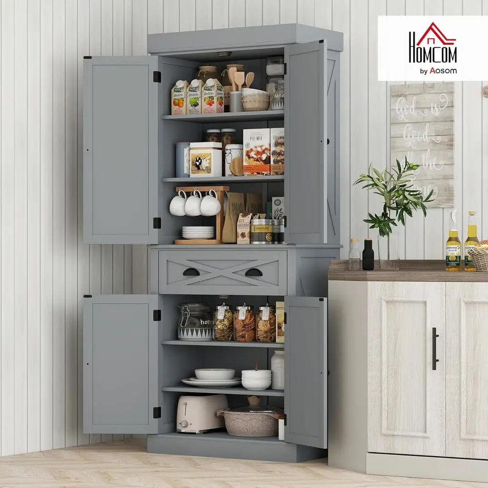72" Kitchen Pantry Storage Cabinet, Traditional reestanding Pantry Cabinet with 4 Doand 2 Adjustable Shelves, Large Central Der,