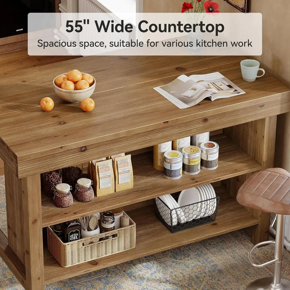 55 Natural Oak Kitchen Island with 3-Tier Shelves and Spacious Countertop