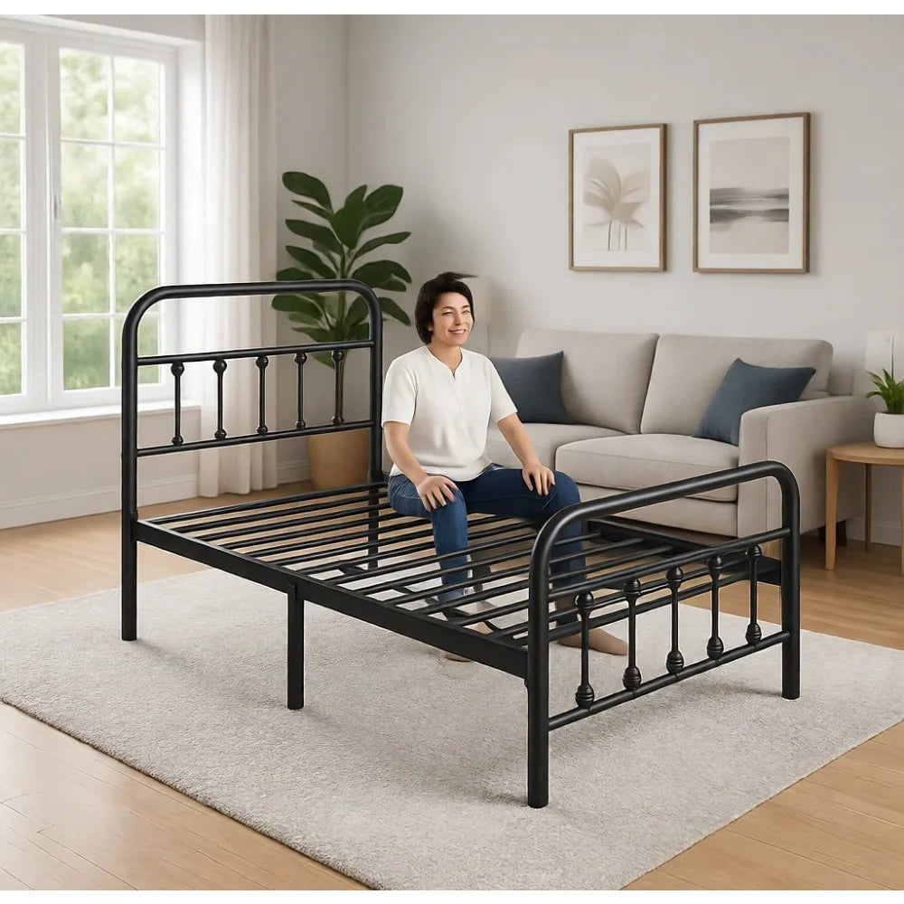 Twin Metal Bed Frame with Iron-Art Headboard, 450 lb Capacity, Storage Space, No Box Spring Needed