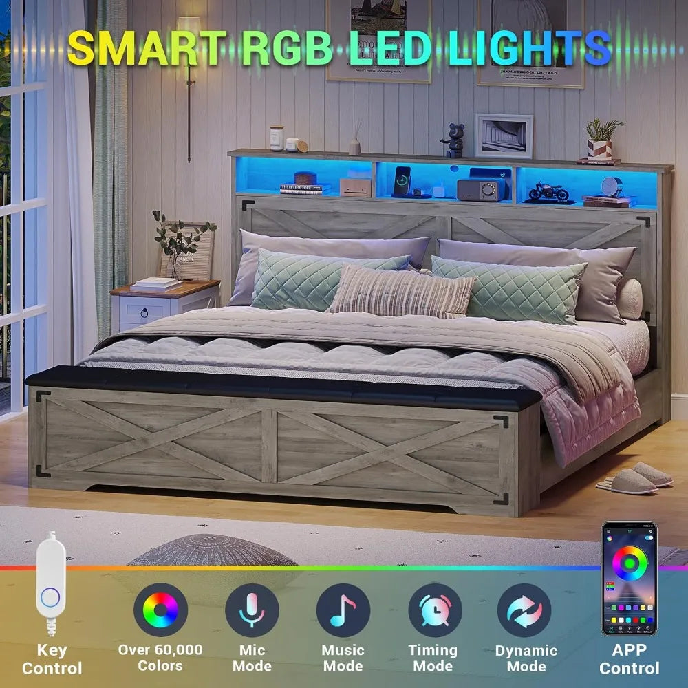 Queen Bed Frame with Storage Ottoman, LED Lights, Charging Station, Farmhouse Headboard, No Box Spring Needed, Oak Grey