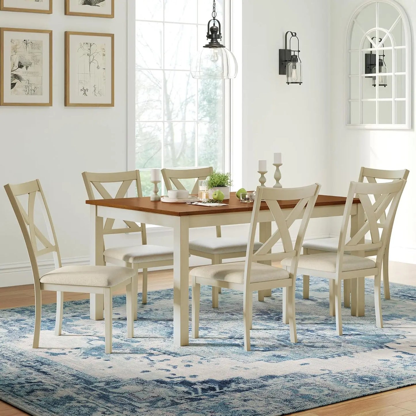 7 Piece Farmhouse Dining Table Set With 6 Upholstered Chairs