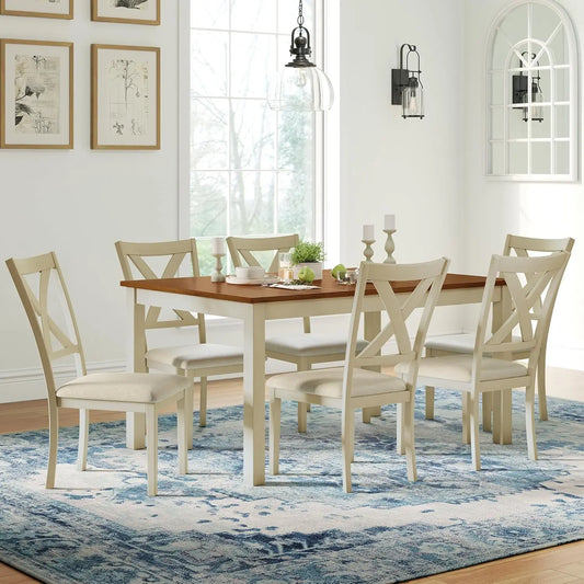 7 Piece Farmhouse Dining Table Set With 6 Upholstered Chairs